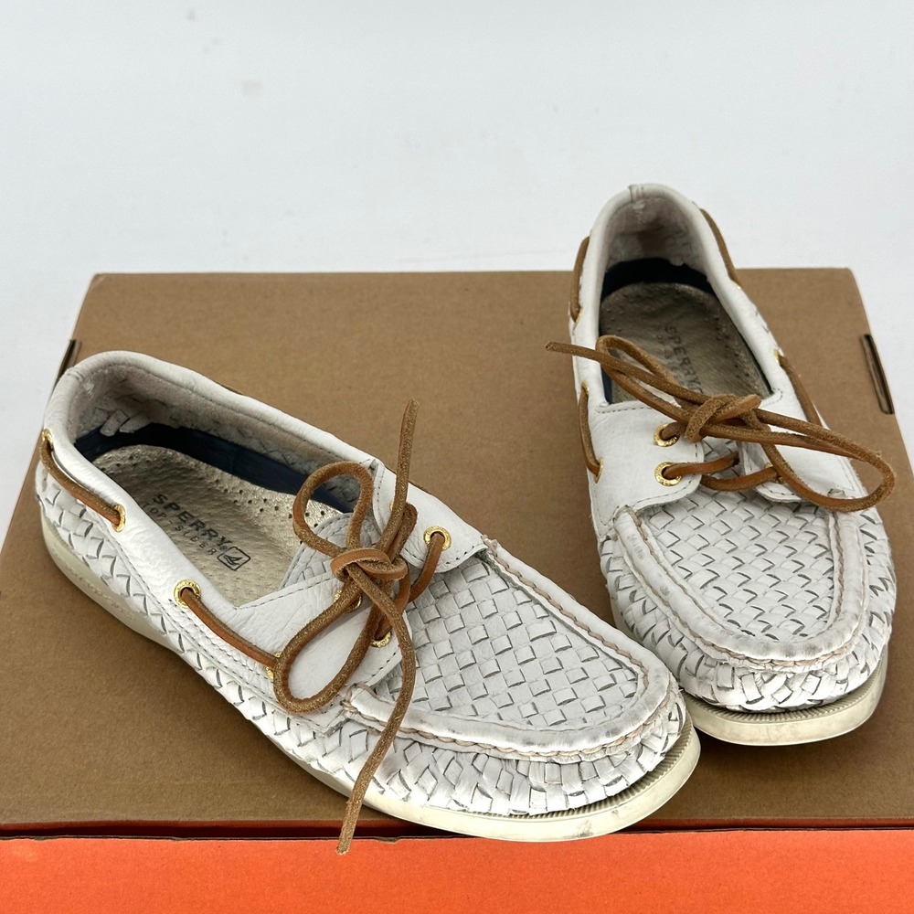 Sperry White Braided Woven Leather Loafer Lace Up Boat Shoe Casual Coastal 8